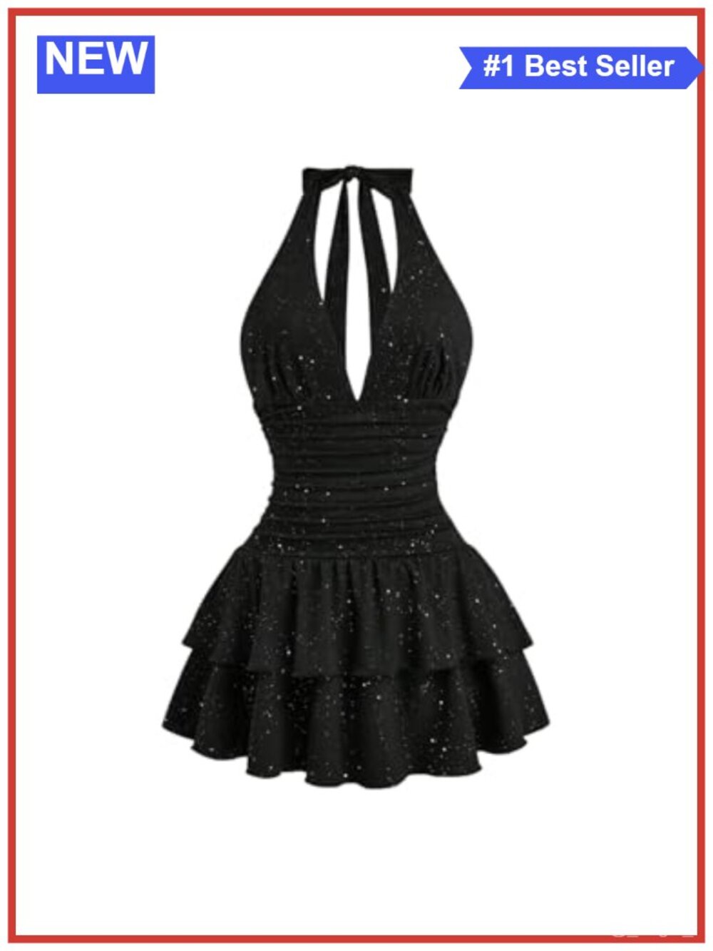 Sparkly Halter Mini Dress Y2K Glitter Ruffle Ruched A-Line Party Club